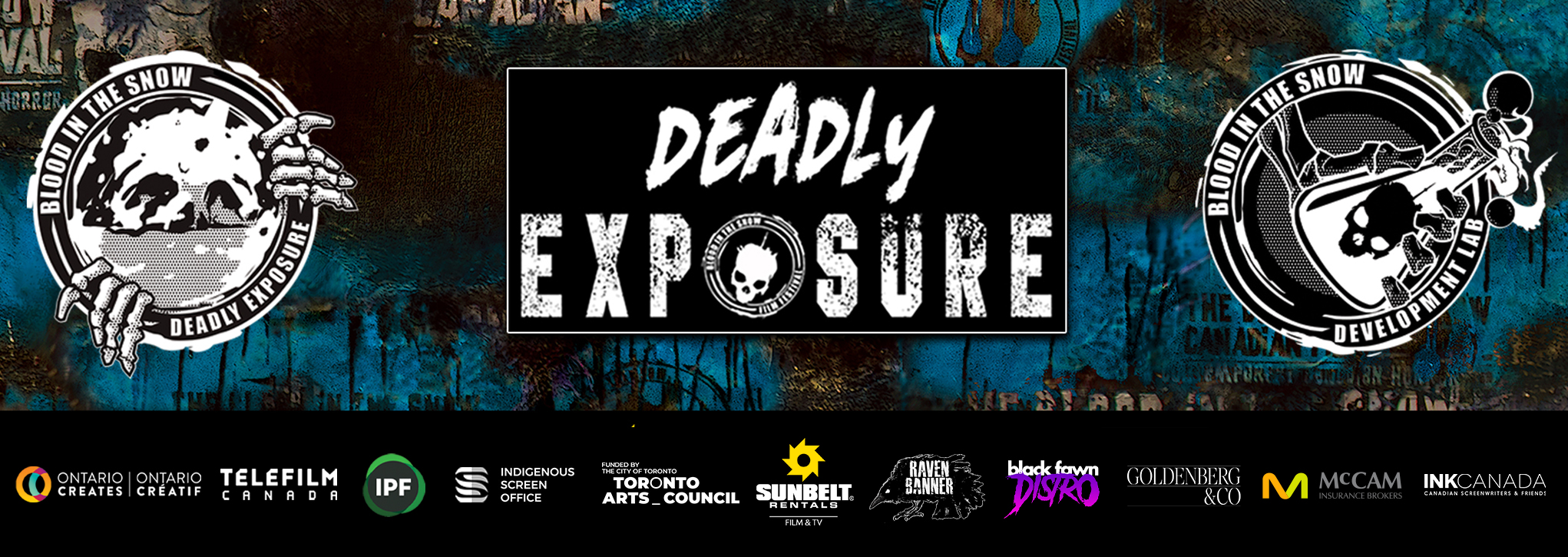 Blood in the Snow Deadly Exposure and Development Lab banner, with logos of funders and sponsors